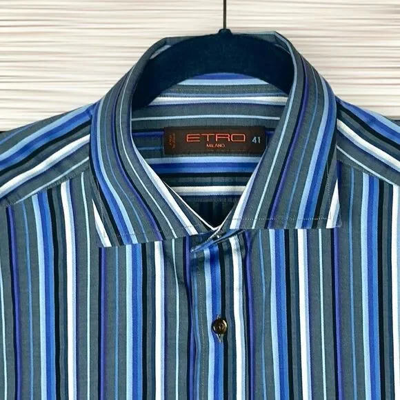 ETRO Milano Casual Button Up Shirt Cotton Blue Gray Striped Italy size 41 US 16 - Picture 4 of 12